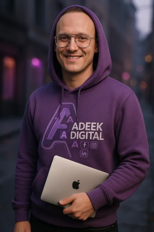 Ik sta op de photo met laptop, op mijn blouse is mijn logo.